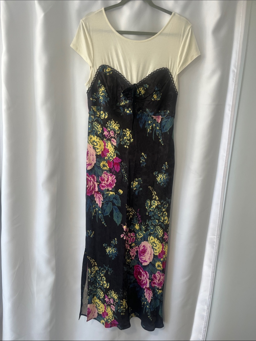 Anthropologie Black Satin Floral Slip with Pink & Yellow Blooms